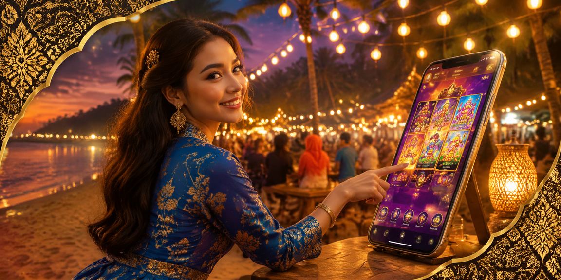 Pengguna Malaysia dalam baju kurung bermain slot kasino pada telefon pintar